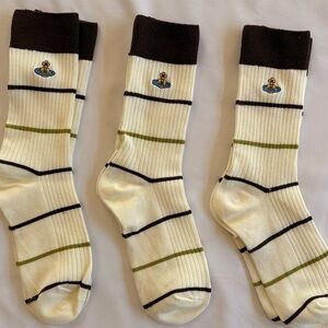 NEW. Vivienne Westwood striped/ribbed crew socks. With Embroidered Logo. 3 pair.